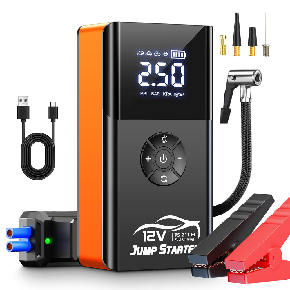 Fmooostore jump starter with air compressor ready for roadside power on demand.