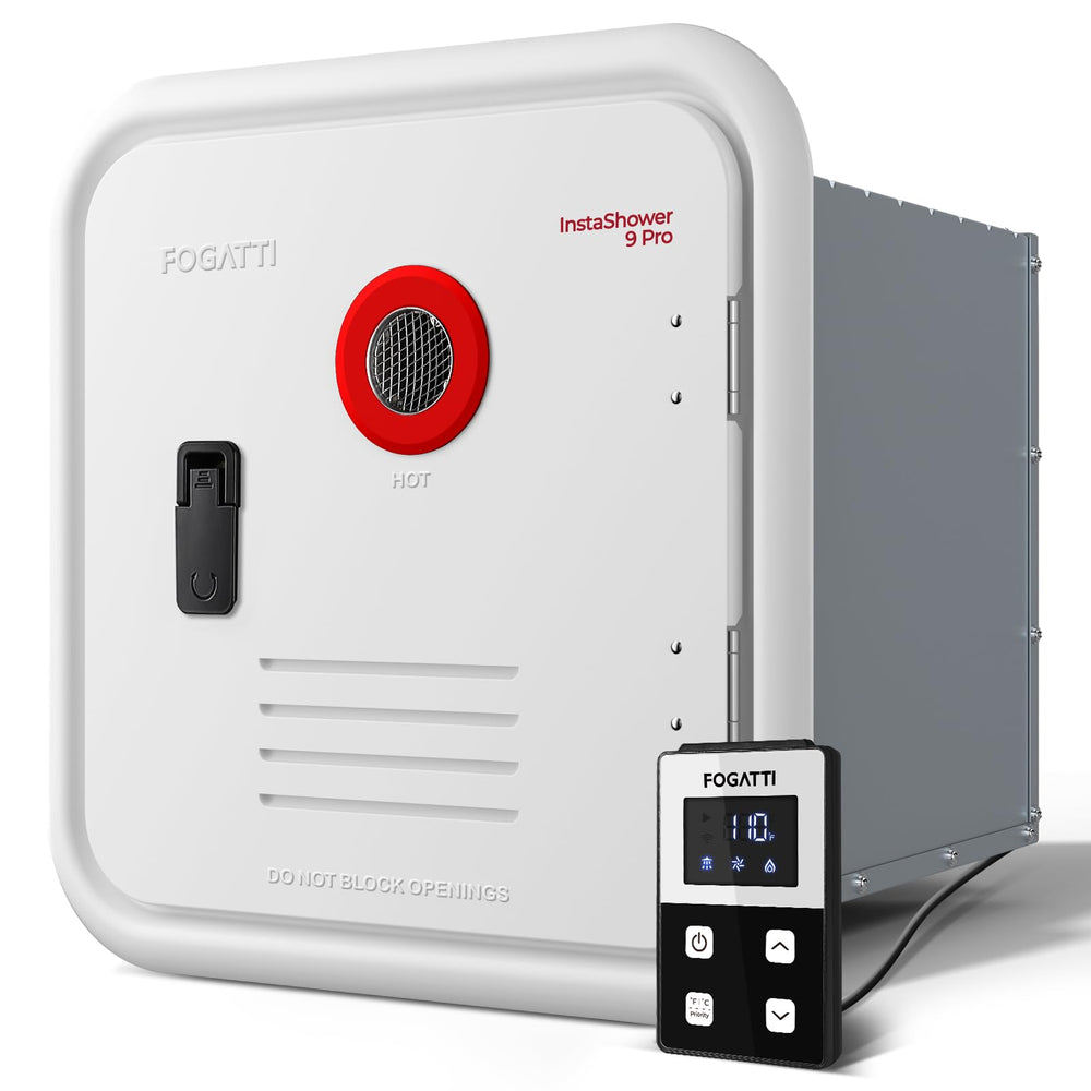 FOGATTI InstaShower 9 Pro front view showing high-output RV water heater for reliable hot water.