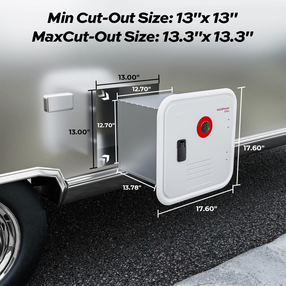 FOGATTI InstaShower 9 Pro packaging includes door, remote, and filter screen.