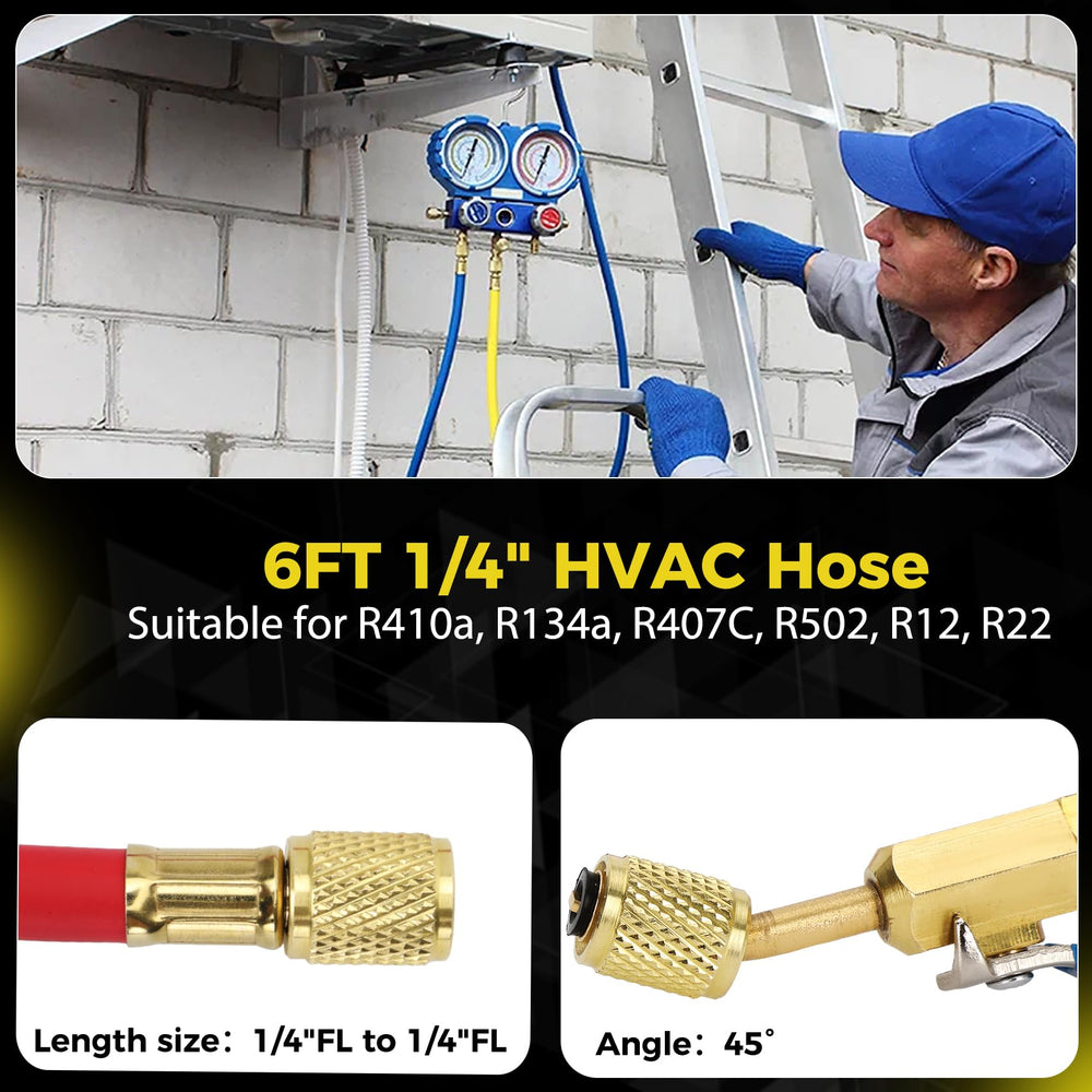 Foinwer color-coded handles in red blue yellow aid correct connections during HVAC work.