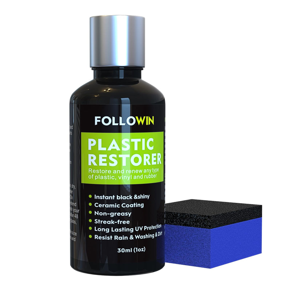 FOLLOWIN Plastic Restorer bottle application on trim for long-lasting protection.