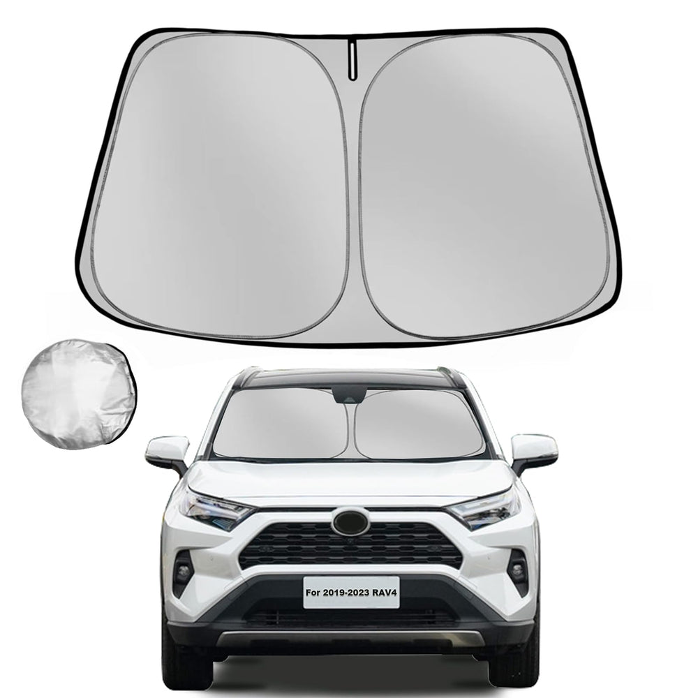 Fonowka windshield sunshade on Toyota RAV4 front view reduces heat and UV exposure.
