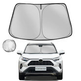 Fonowka windshield sunshade on Toyota RAV4 front view reduces heat and UV exposure.