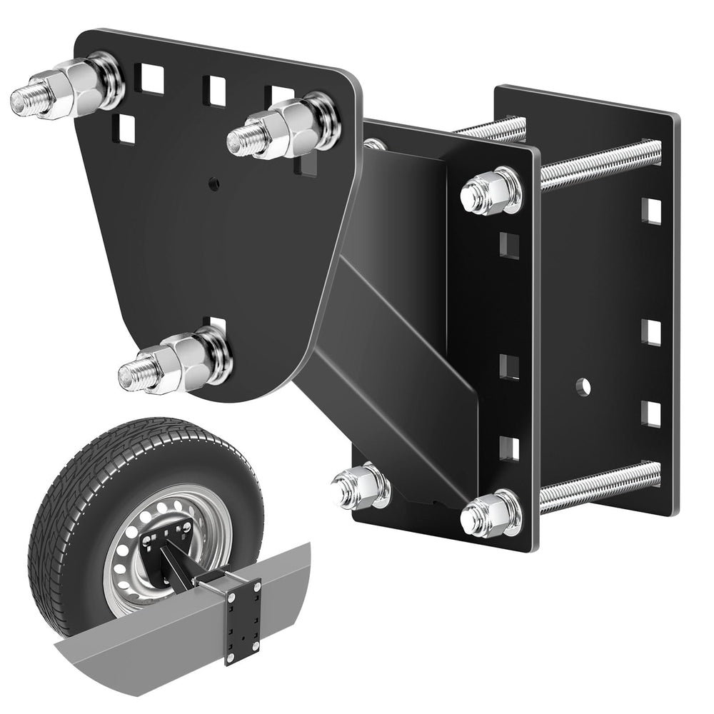 Foozet trailer spare tire mount assembly shows universal fit for multiple wheels and secure mounting.