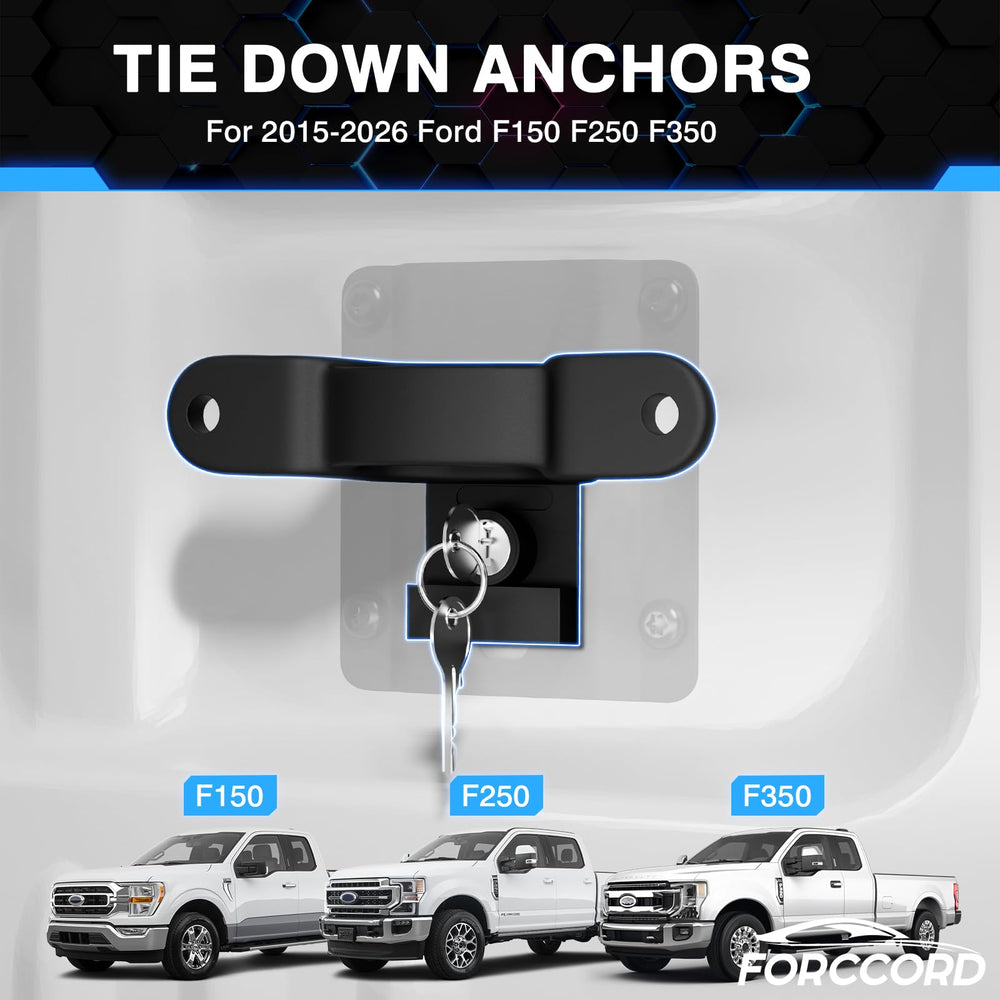 Forccord custom fit tie down anchors installed in truck bed demonstration.