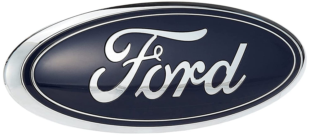 Ford AA8Z-9942528-A nameplate front view in dark blue for authentic OEM replacement