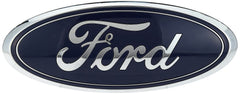 Ford nameplate rear view shows precise 9x3.5 inch dimensions for a snug fit