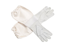 FOREST BEEKEEPING SUPPLY beekeeping gloves showing long canvas sleeve for extended hive protection.