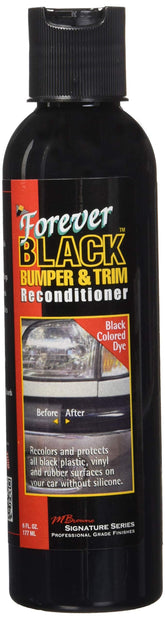 Forever Black bumper-trim bottle shows permanent recolor on black plastic surfaces.