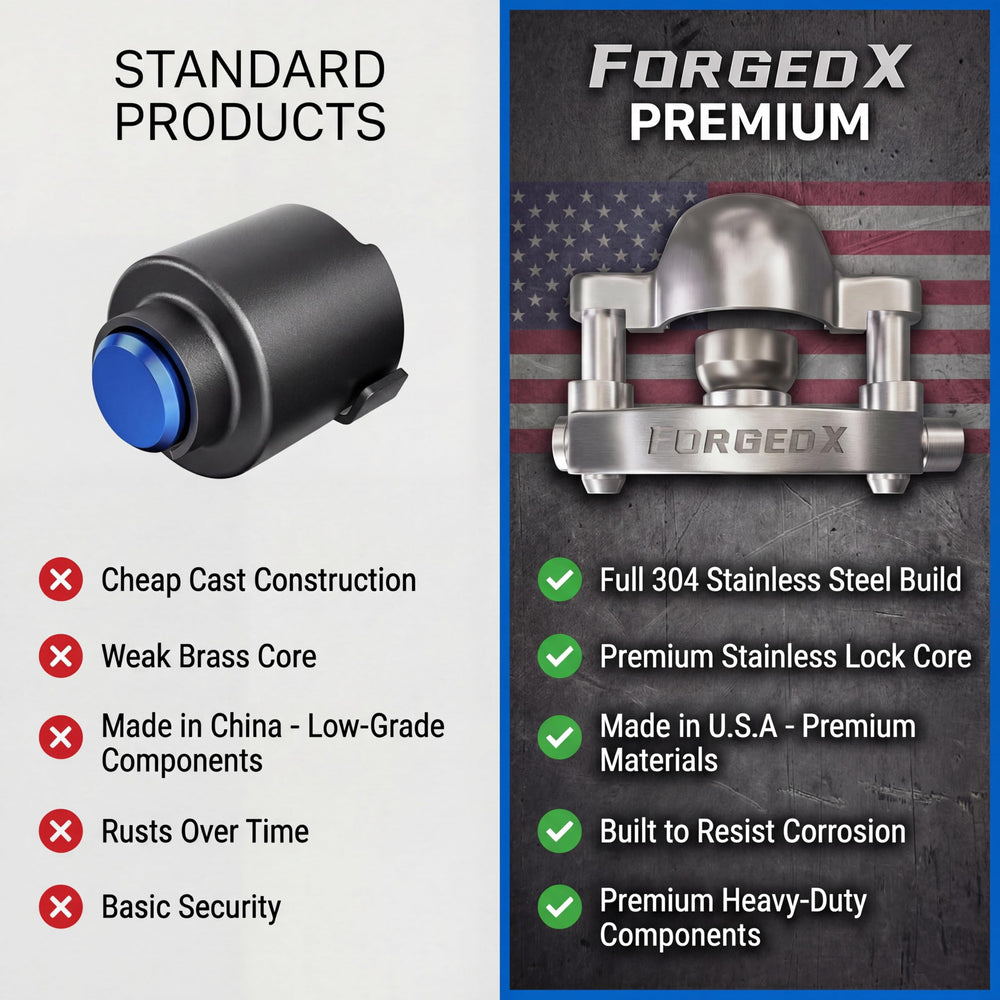 FORGEDX trailer lock closeup highlights rugged stainless steel construction