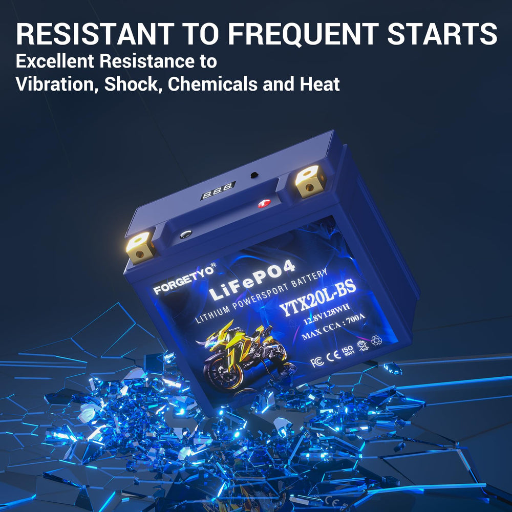 Forgetyo YTX20L-BS BMS protection view illustrating safeguards against overcharge and short circuits.