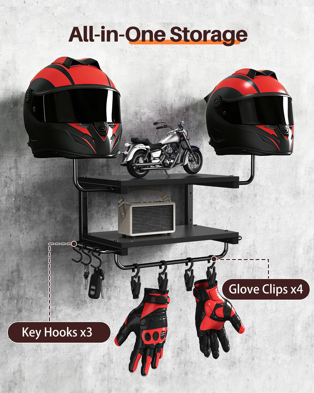 Hat stands with wooden boards maximize helmet storage on Forjarn.