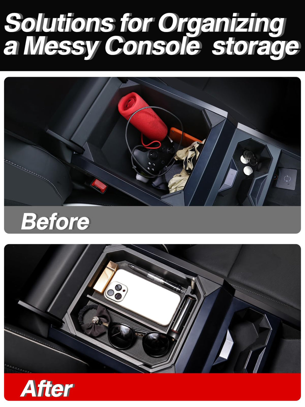 Foronetry Cybertruck center console divider keeps items separated for quick access.