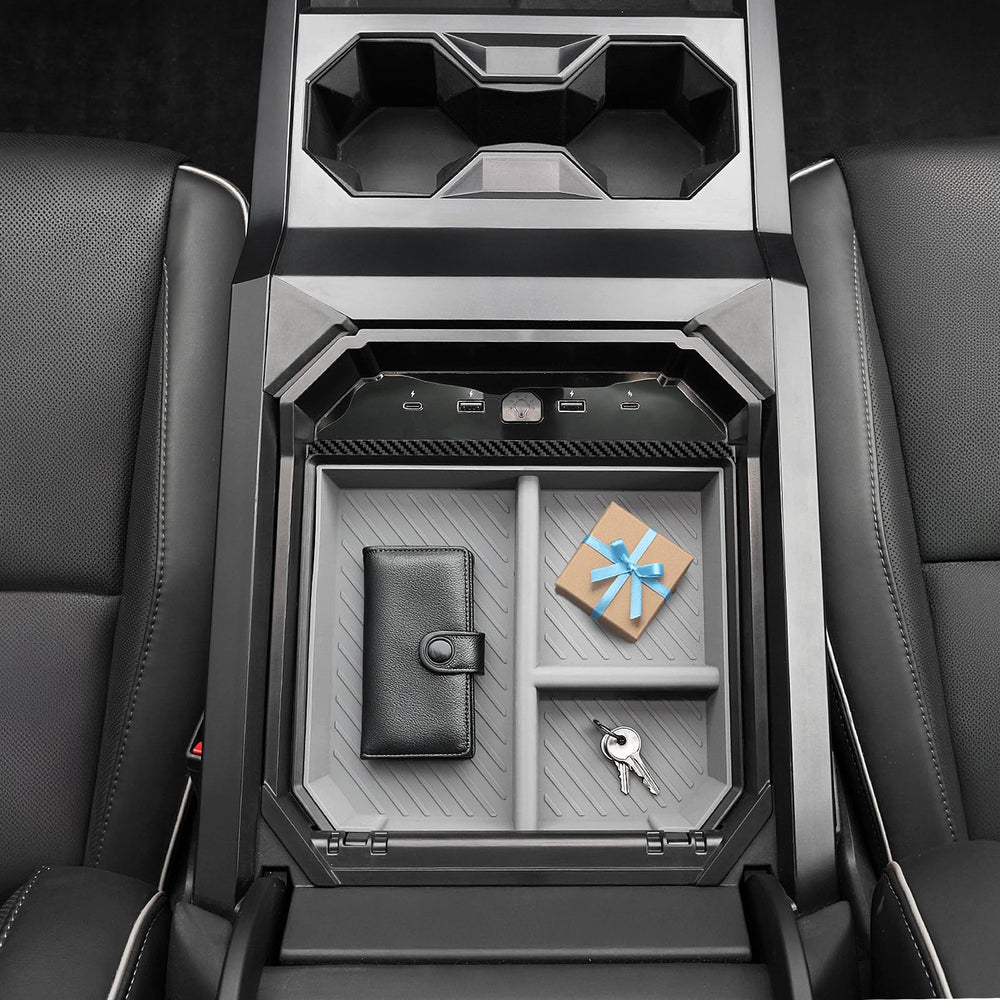 Foronetry easy no-tools install fits Cybertruck center console quickly.