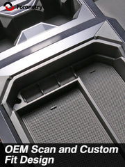 Foronetry Cybertruck organizer in use shows tidy center console with compartments.