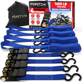 FORTEM ratchet strap 4-pack buckles in use for secure cargo transport