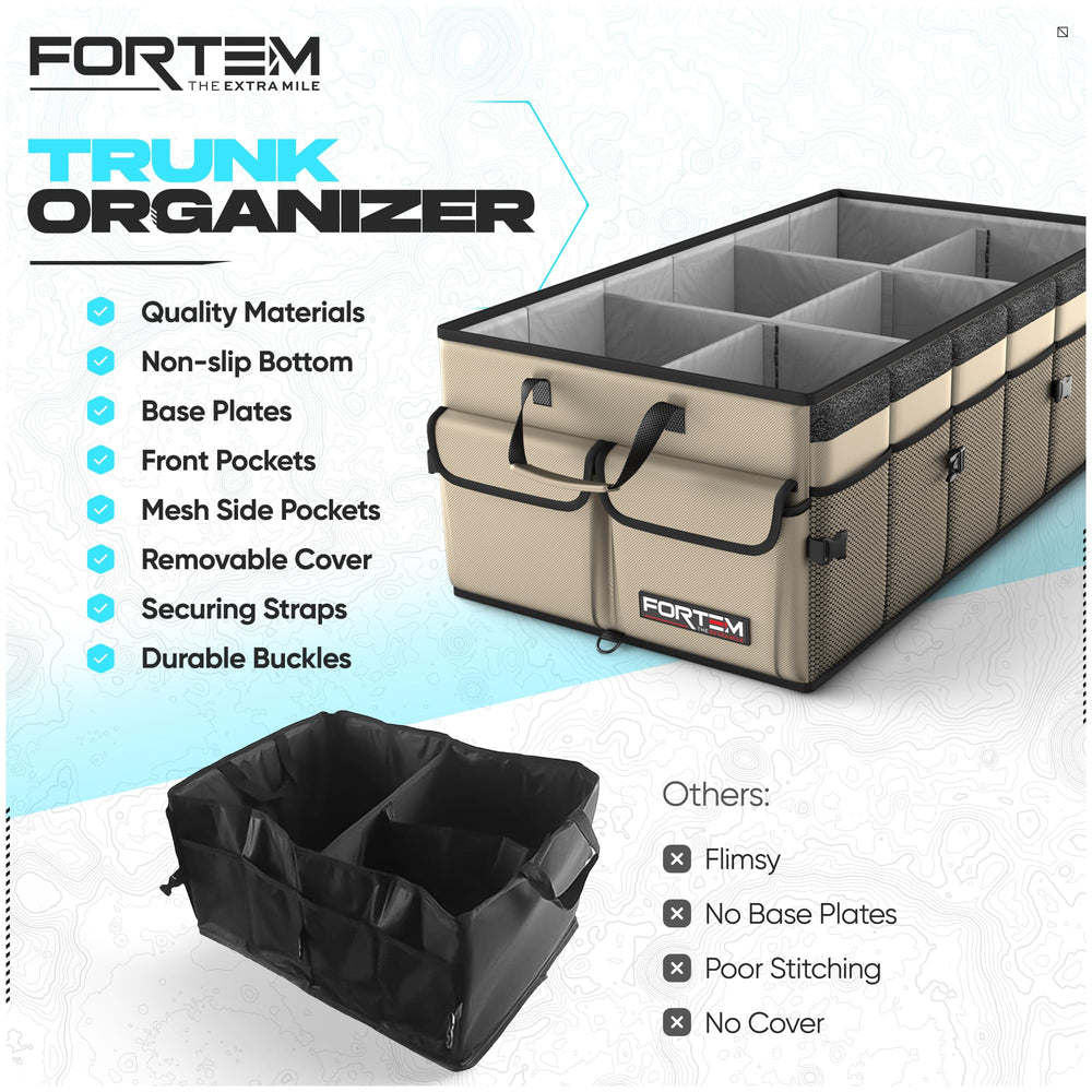 FORTEM Trunk Organizer with adjustable straps secures to your trunk