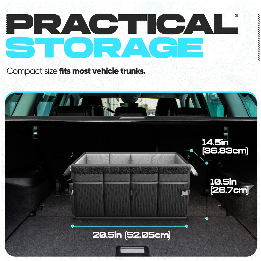FORTEM organizer features adjustable straps to secure items in the trunk.
