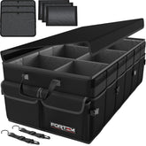 FORTEM trunk organizer shows rigid base plates for stable SUV storage.