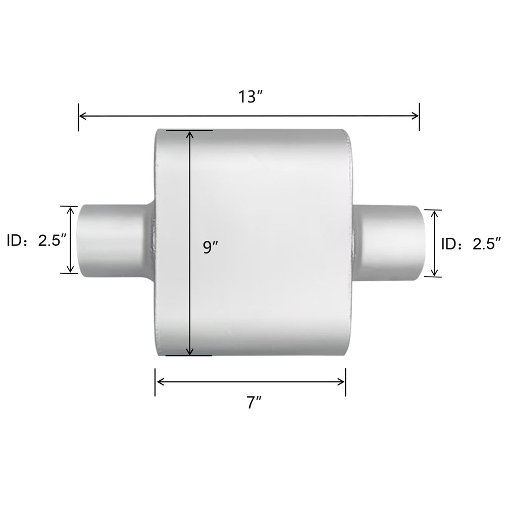 FortisArc universal muffler inlet-outlet view highlighting standard 2.5-inch sizing for easy fit.