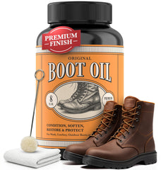 FORTIVO Leather Boot Oil bottle applying deep conditioning to rugged work boots.