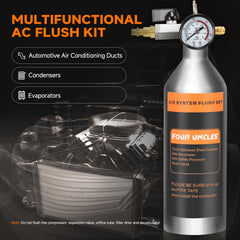 FOUR UNCLES AC Flush Kit packaging and contents shown.