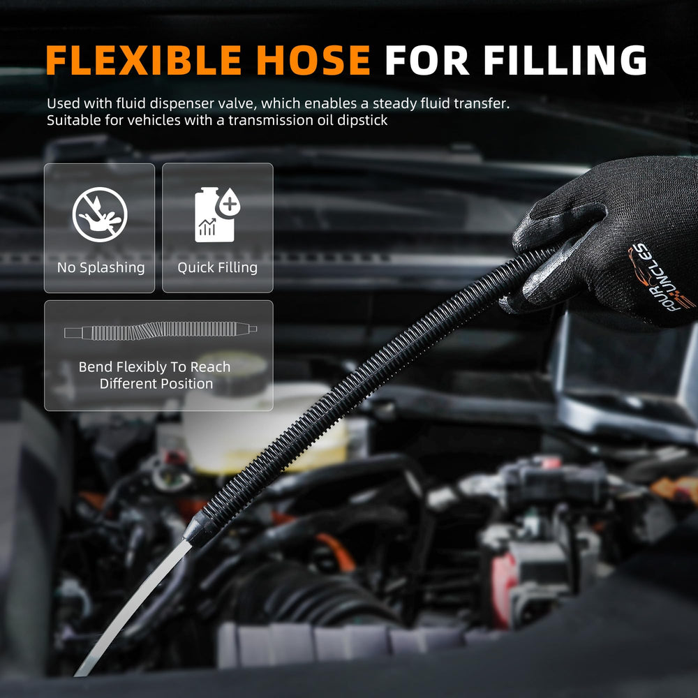 FOUR UNCLES pump in use with vehicle dipstick demonstrates versatile filling.