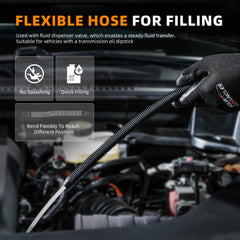 FOUR UNCLES pump in use with vehicle dipstick demonstrates versatile filling.