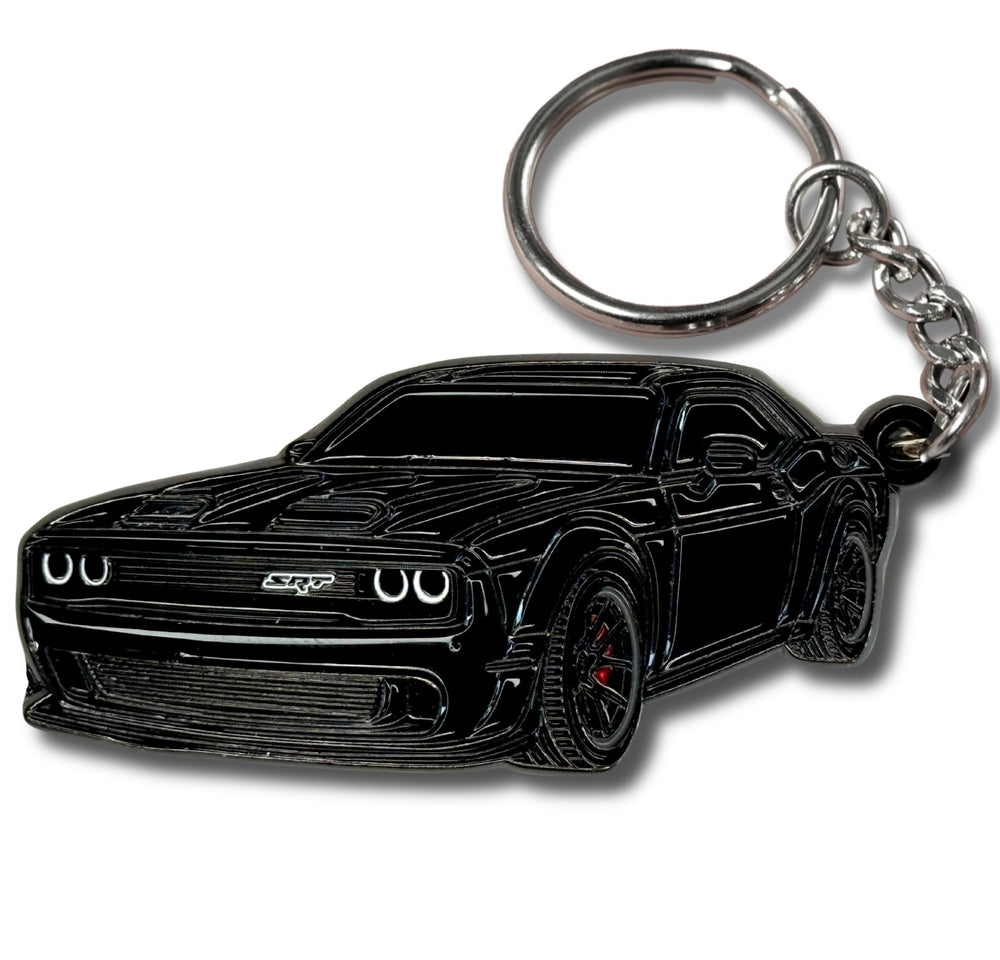 FOUR WHEEL BEAST Dodge Challenger keychain front view shows durable metal build for daily use