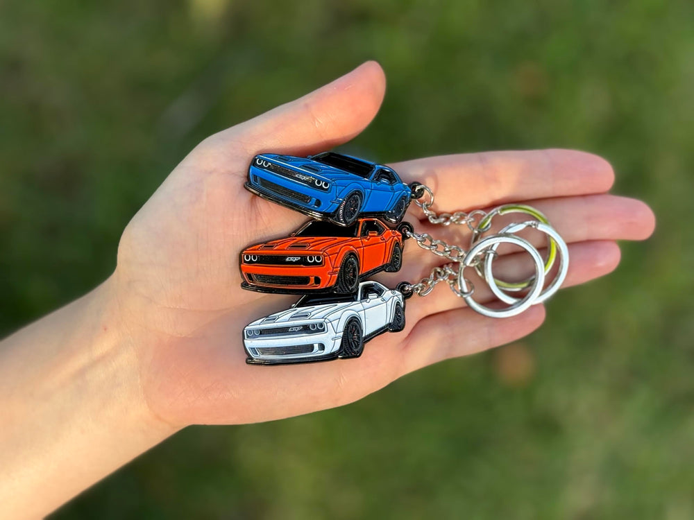FOUR WHEEL BEAST Dodge Challenger keychain metal and enamel finish enhances premium look