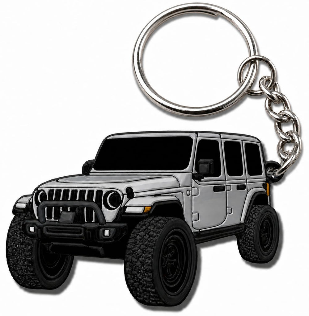 Four Wheel Beast keychain sting-gray finish with official Wrangler license details for authentic look.