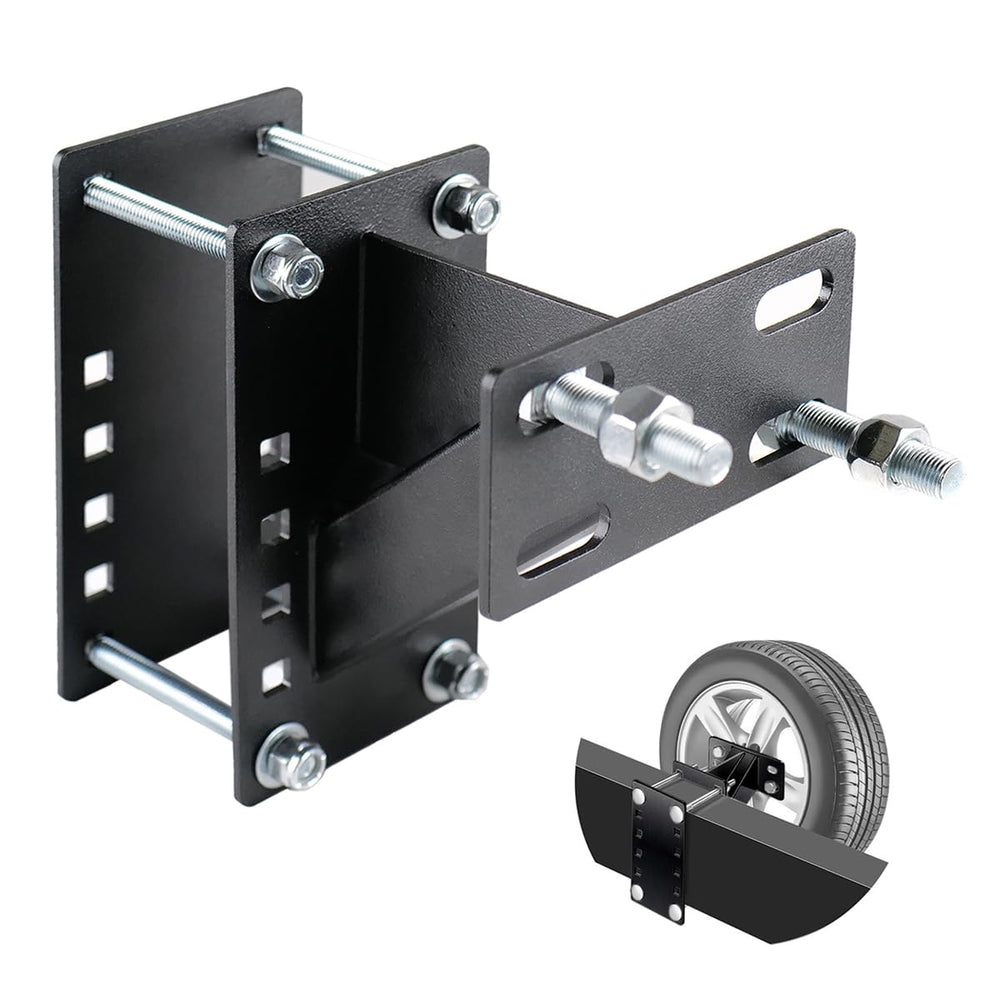 Fouwick trailer spare tire mount front view emphasizes sturdy steel design for quick tire access.