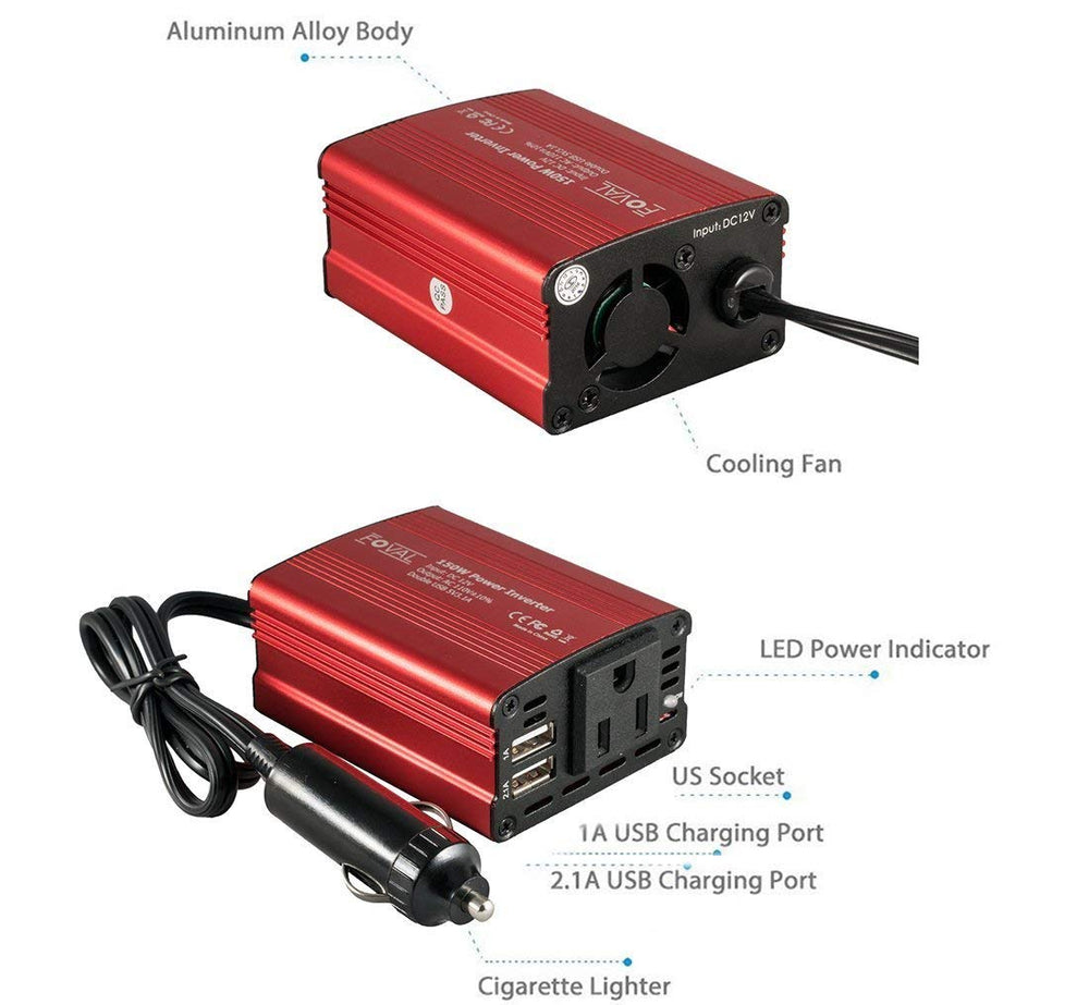 FOVAL 150W inverter mounted in car outlet enables reliable on-the-go power