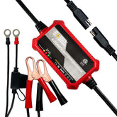 FOVAL automatic trickle battery charger front view, compact for easy storage and quick setup.