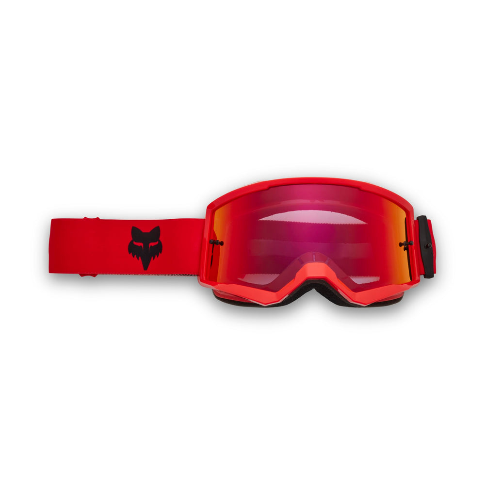 Fox Racing Main Goggle with fluorescent red spark offers wide viewport for clear dirt-track vision
