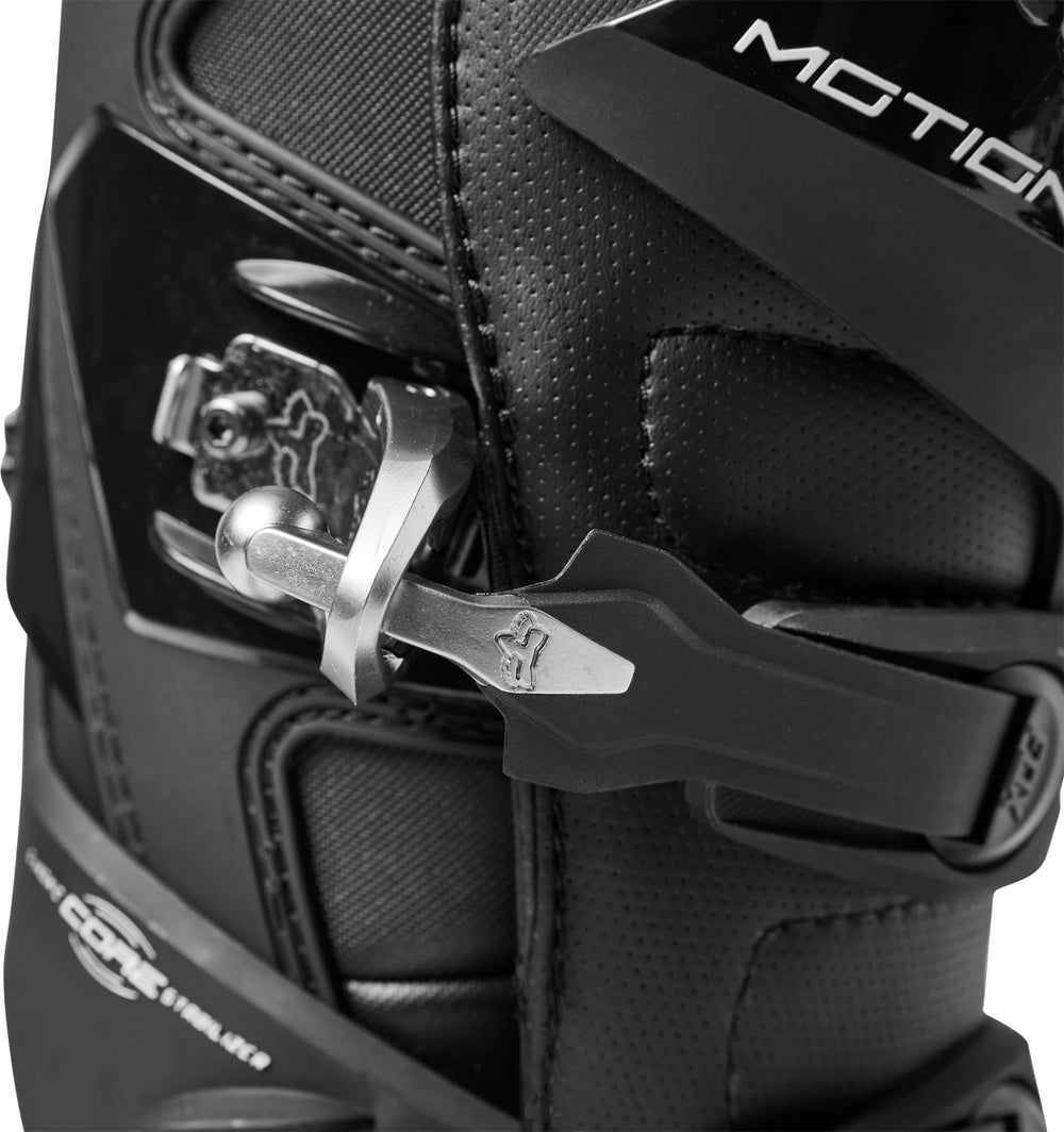 Fox Racing Motion boots shin plate close-up highlights TPU protection and coverage.