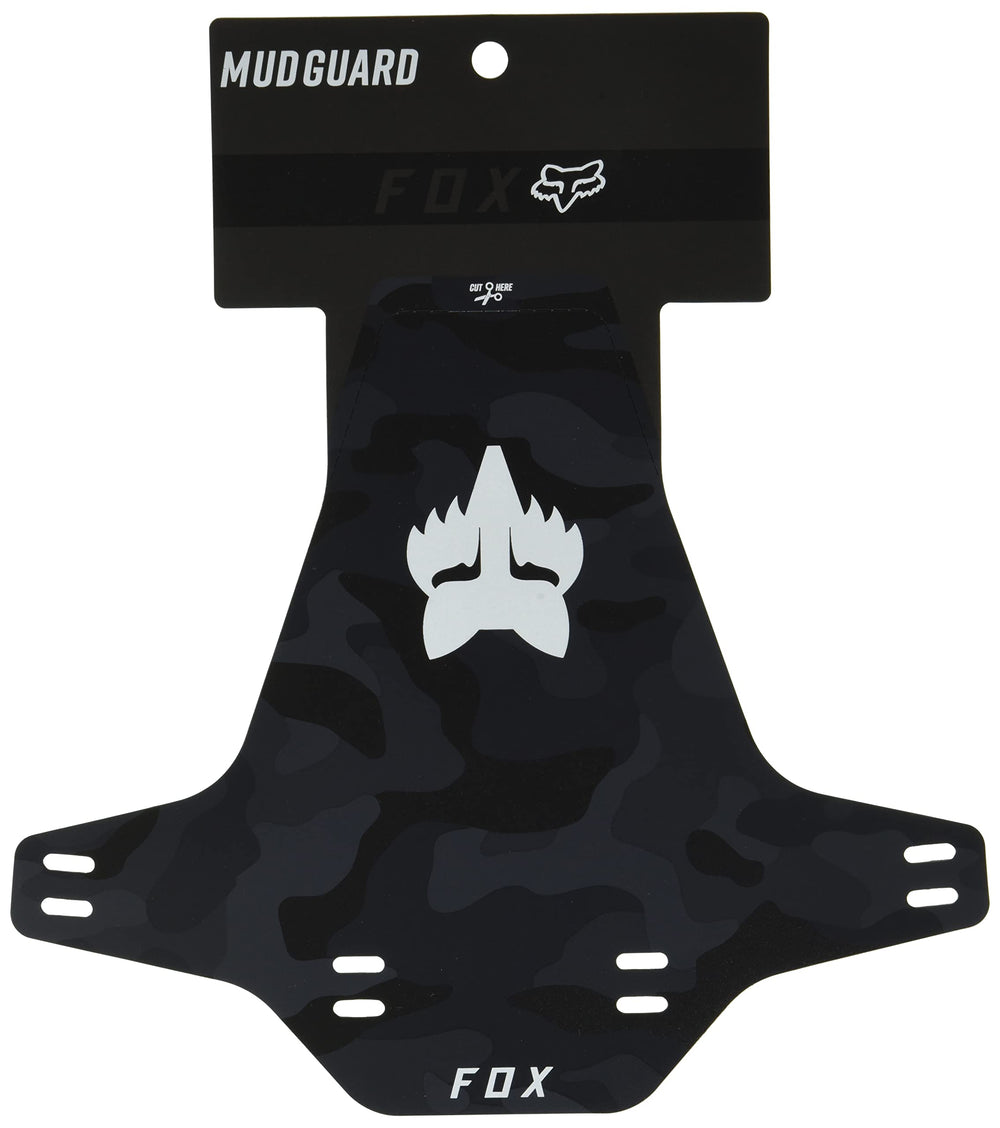 Fox Racing mountain bike mud guard in black camo; keeps gear cleaner on muddy trails.