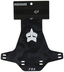 Fox Racing mountain bike mud guard in black camo; keeps gear cleaner on muddy trails.
