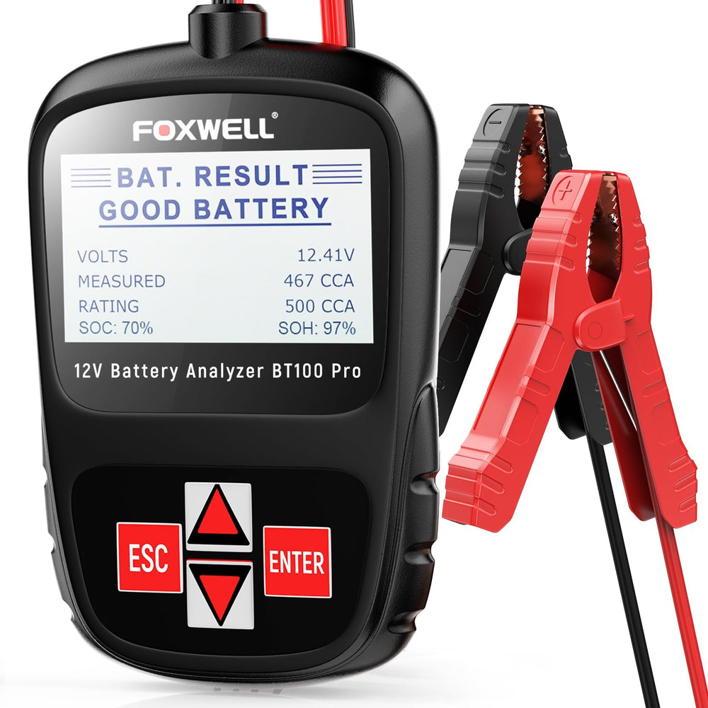 FOXWELL BT100 PRO front view: compact tester for quick battery checks.