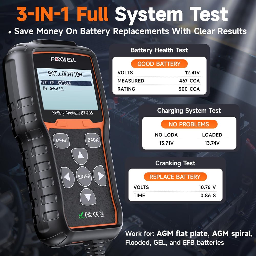 FOXWELL BT705 digital display screen shows SOH, SOC and CCA readings