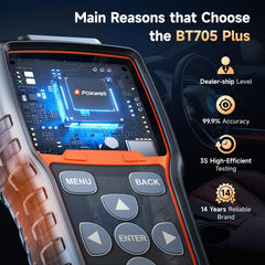 FOXWELL BT705 Plus battery test results screen showing SOH and CCA metrics.