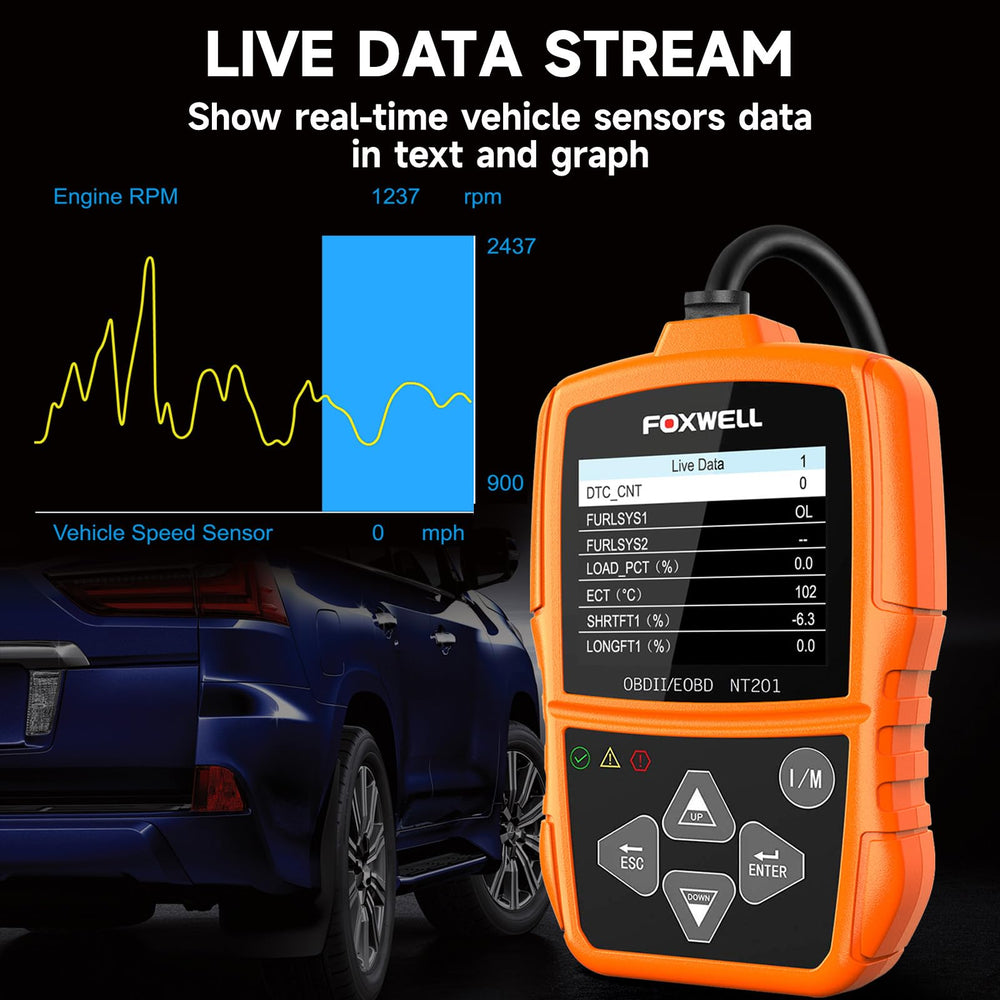 FOXWELL NT201 I/M readiness indicators guide emissions checks.