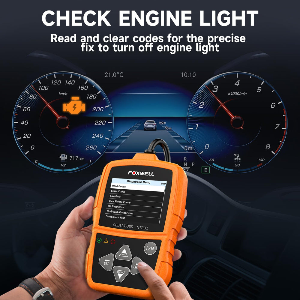 FOXWELL NT201 live data view shows RPM and MAP for troubleshooting.
