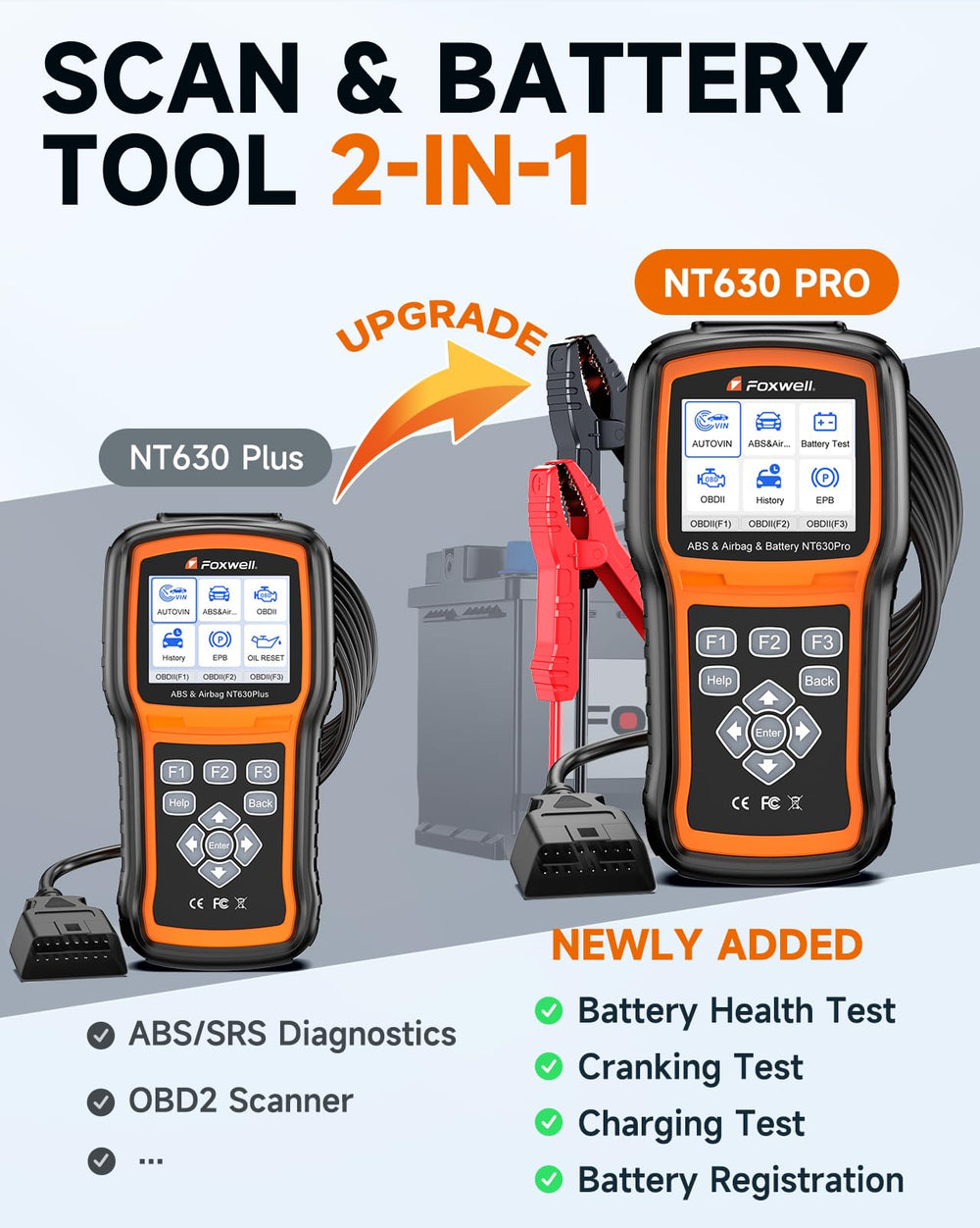FOXWELL NT630 Pro battery test display shows SOH and charging status.