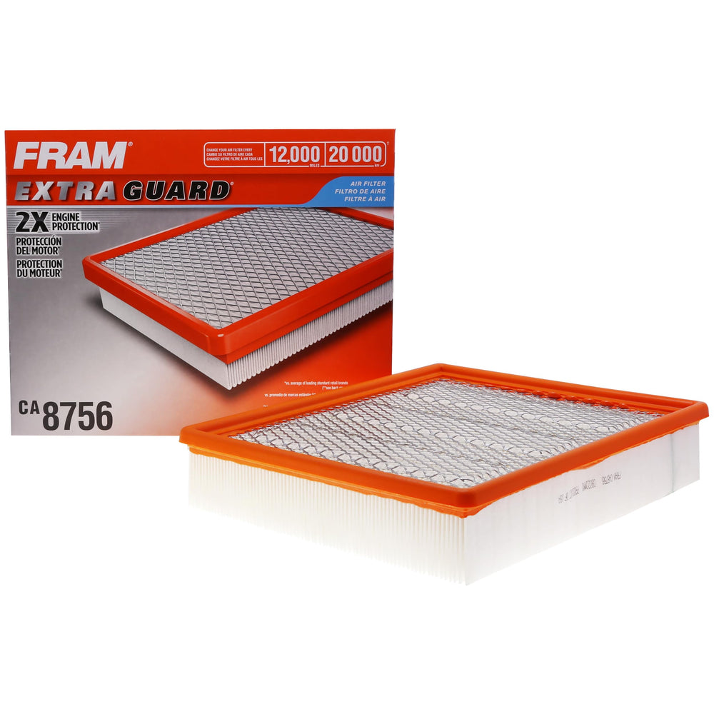 FRAM Extra Guard CA8756 packaged view showing easy handling and broad vehicle compatibility.