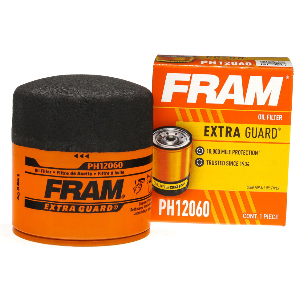 FRAM Extra Guard PH12060 oil filter in packaging showing dependable engine protection
