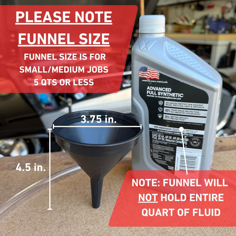 Franks Funnels 4ft clear tubing extends reach to side-fill ports.