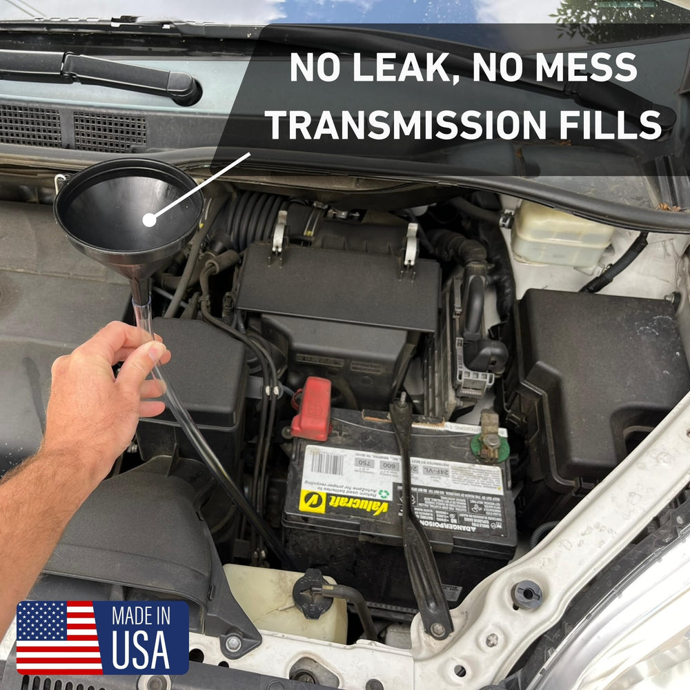 Franks Funnels side-fill plug access setup for hard to reach transmissions.