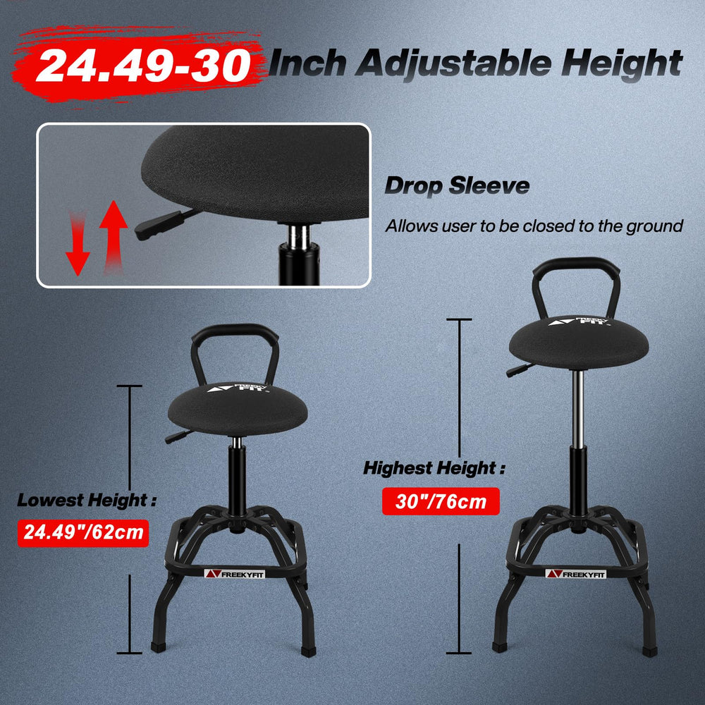 FreekyFit Garage Stool large cushion supports extended work sessions in the workshop