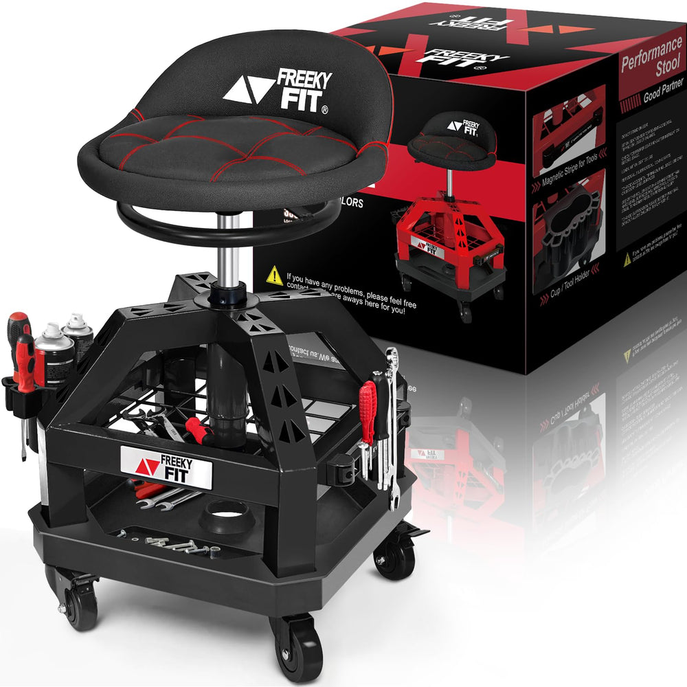 FreekyFit rolling shop stool with 360° casters for easy garage maneuverability.